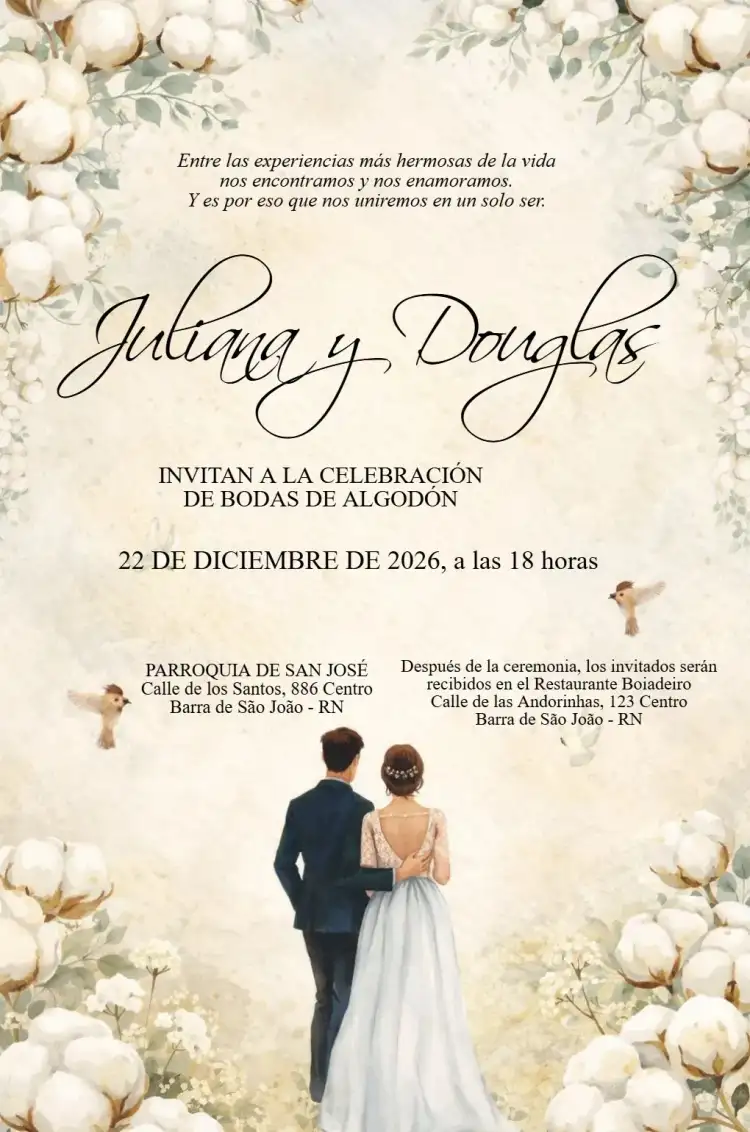 Invitación Boda Acuarela Pareja de Novios Bodas de Algodón Editable