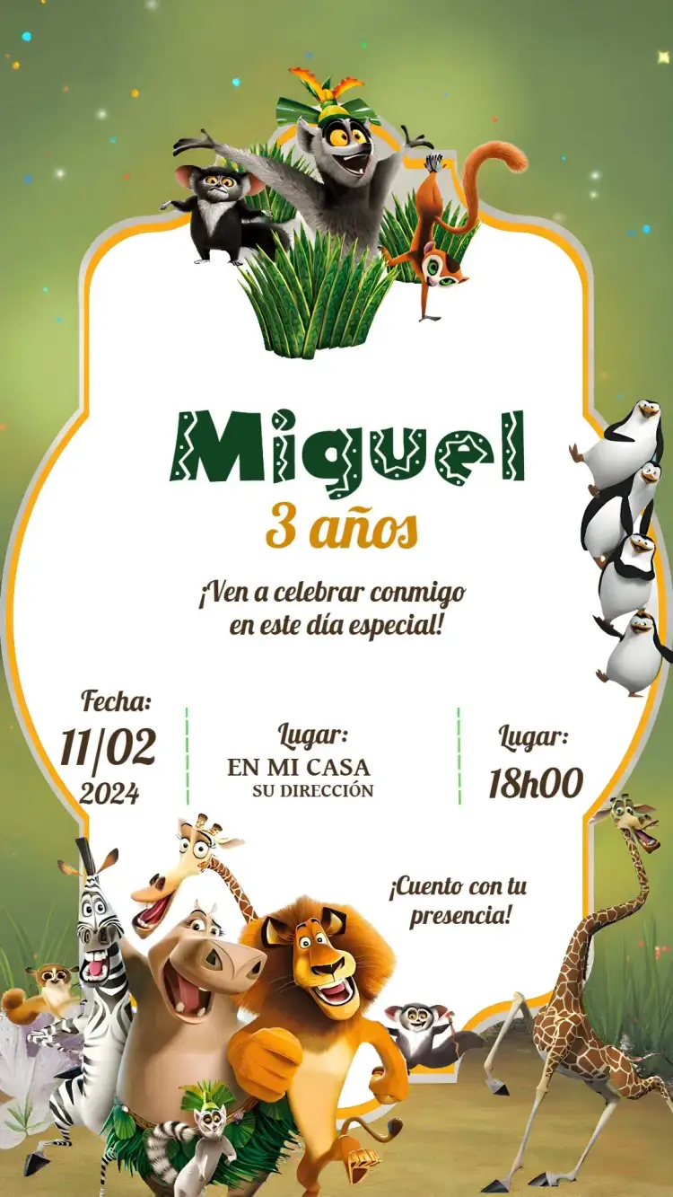 Invitación Madagascar Marty – tema Más buscados animales, jungla, sabana, animación