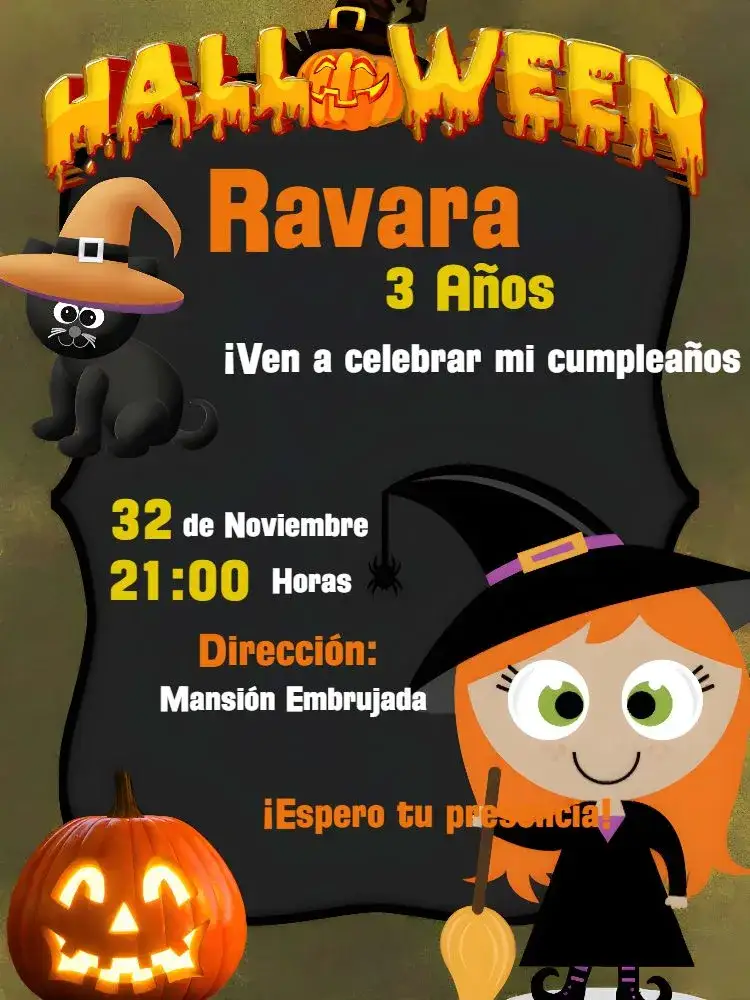 Invitación Halloween Negro – tema Fechas Conmemorativas misterioso, sombrio, divertido, colorido, temático