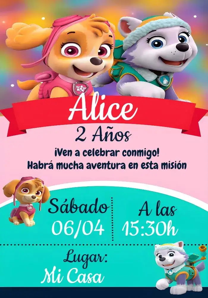 Invitación Patrulla Canina Skye Niña – tema Cumpleaños Infantil rosa, divertido, temático, colorido, infantil