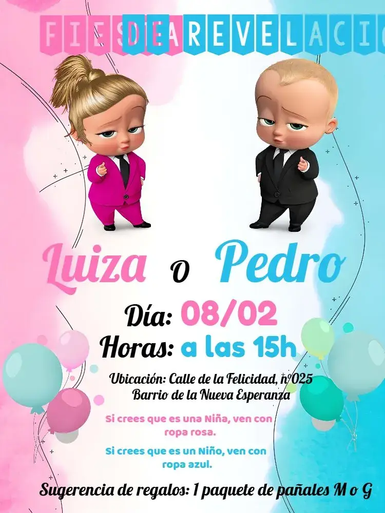 Invitación Baby Boss y Baby Girl - Fiesta de Revelación en Blanco editable y personalizable