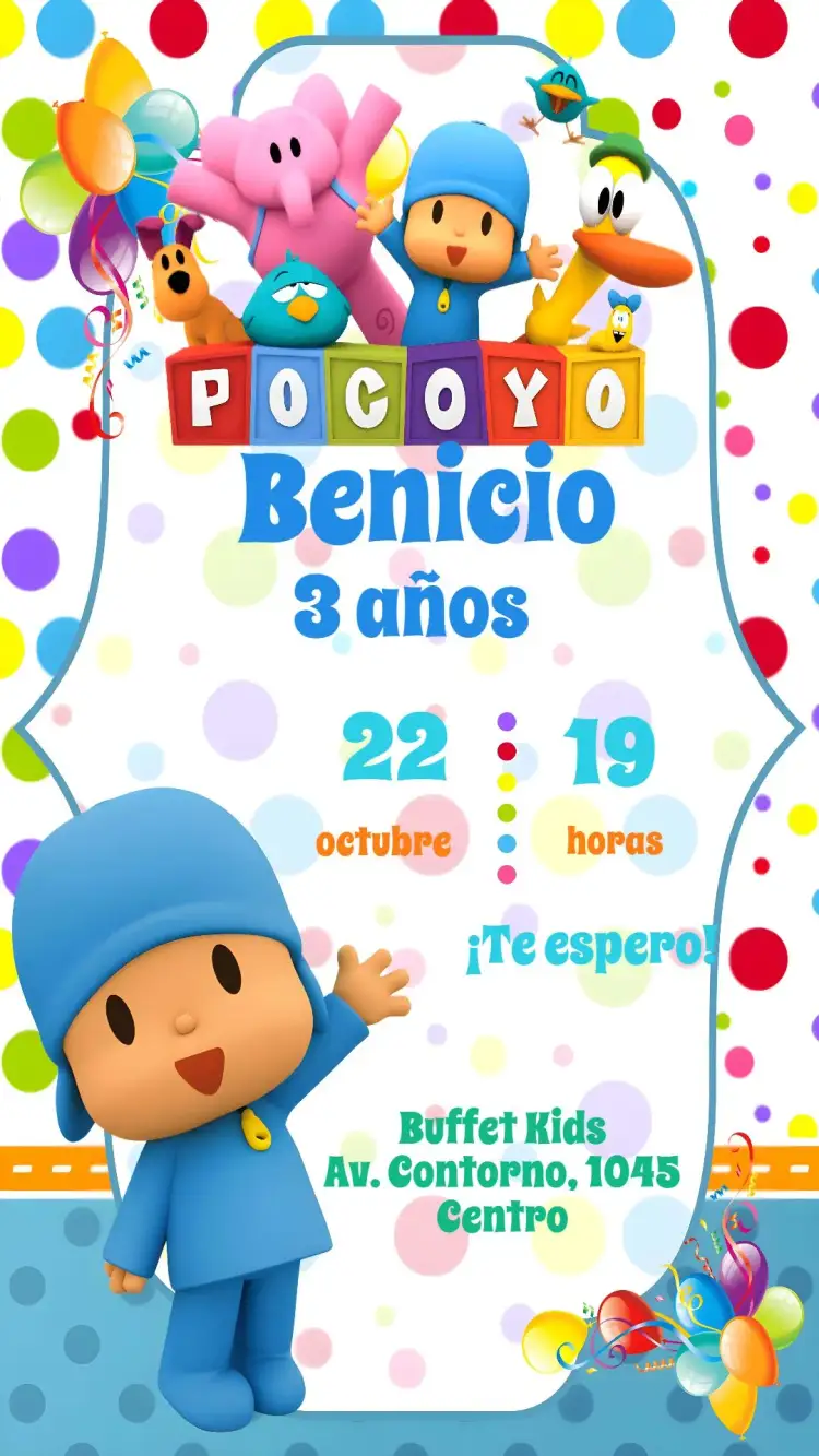 Invitación Pocoyo – tema Cumpleaños Infantil colorido, divertido, infantil, lúdico, animado