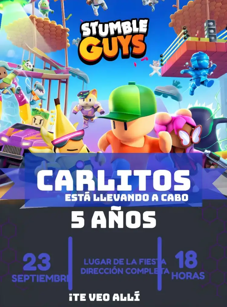 Invitación Invitación Stumble Guys Infantil – tema Más buscados jugador, moderno, vibrante, divertido, infantil