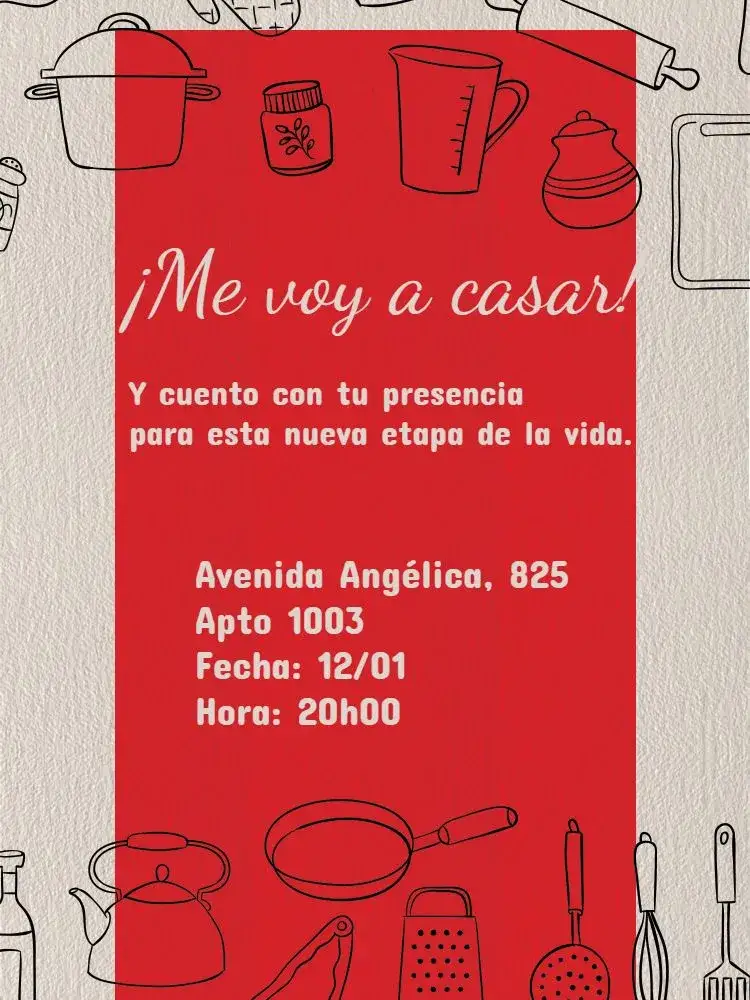 Invitación Invitación Celebración de Despedida de Soltera – tema Despedida de Soltera rojo vibrante, beige suave, estilo de cocina, elementos gráficos, moderno, acogedor