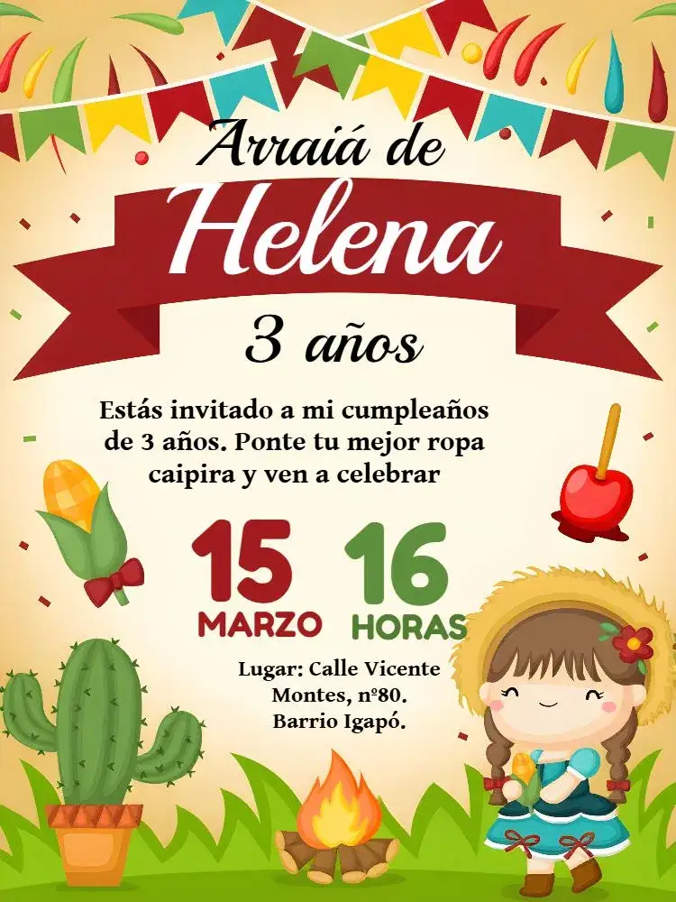 Invitación Fiesta Junina Arraiá Bolo – tema Fechas Conmemorativas colorido, vibrante, junino, tradicional, rústico, festivo