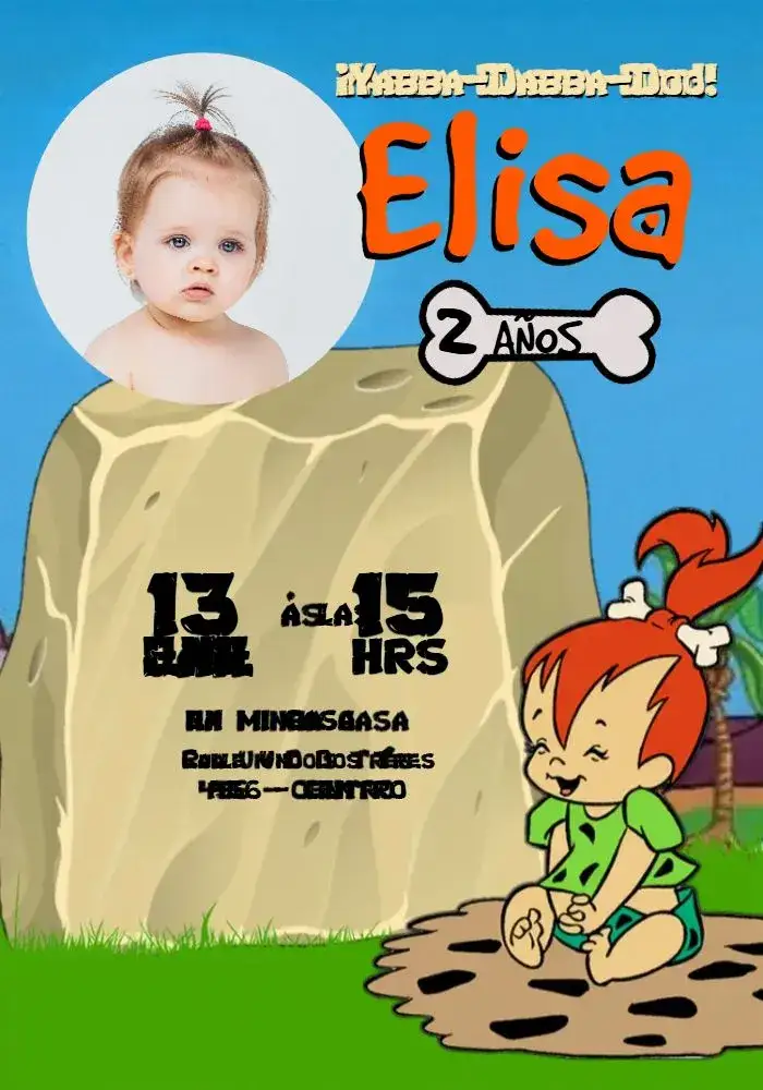 Invitación Pedrita Con Foto Los Picapiedra – tema Cumpleaños Infantil colorido, divertido, temático, vintage, lúdico