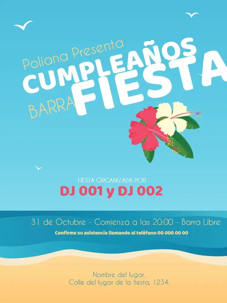 Invitación Celebración en la Playa – tema Cumpleaños tropical, floral, colorido, vibrante, moderno, alegre