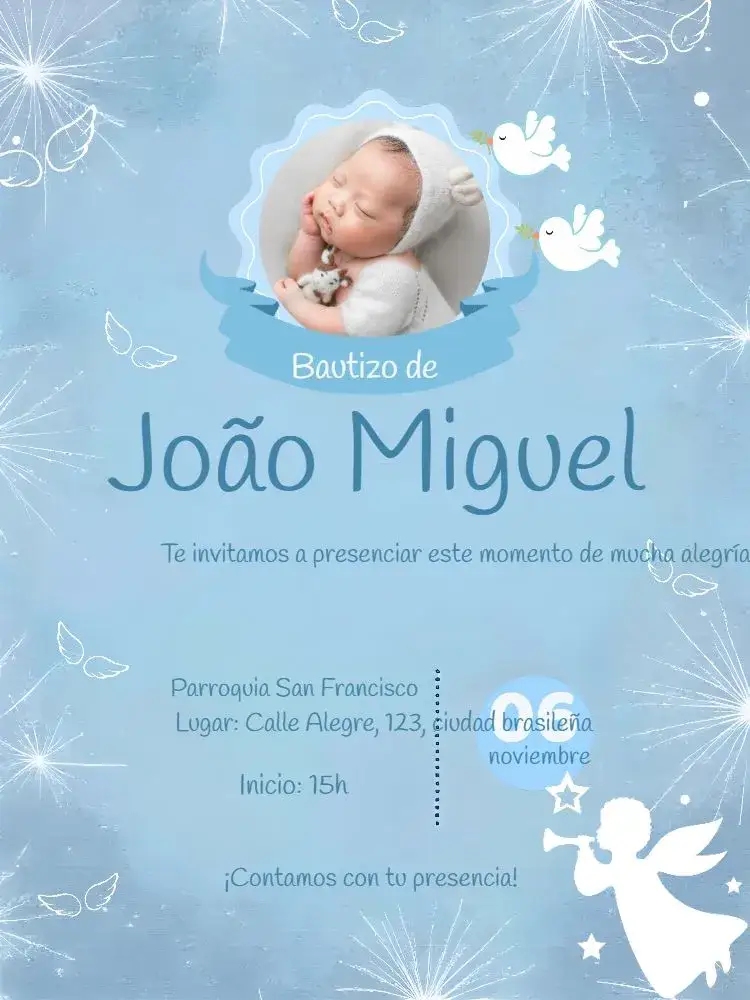 Invitación Bautizo Con Foto de Ángeles – tema Bautismo ángeles, azul claro, blanco clásico, moderno, delicado, elegante