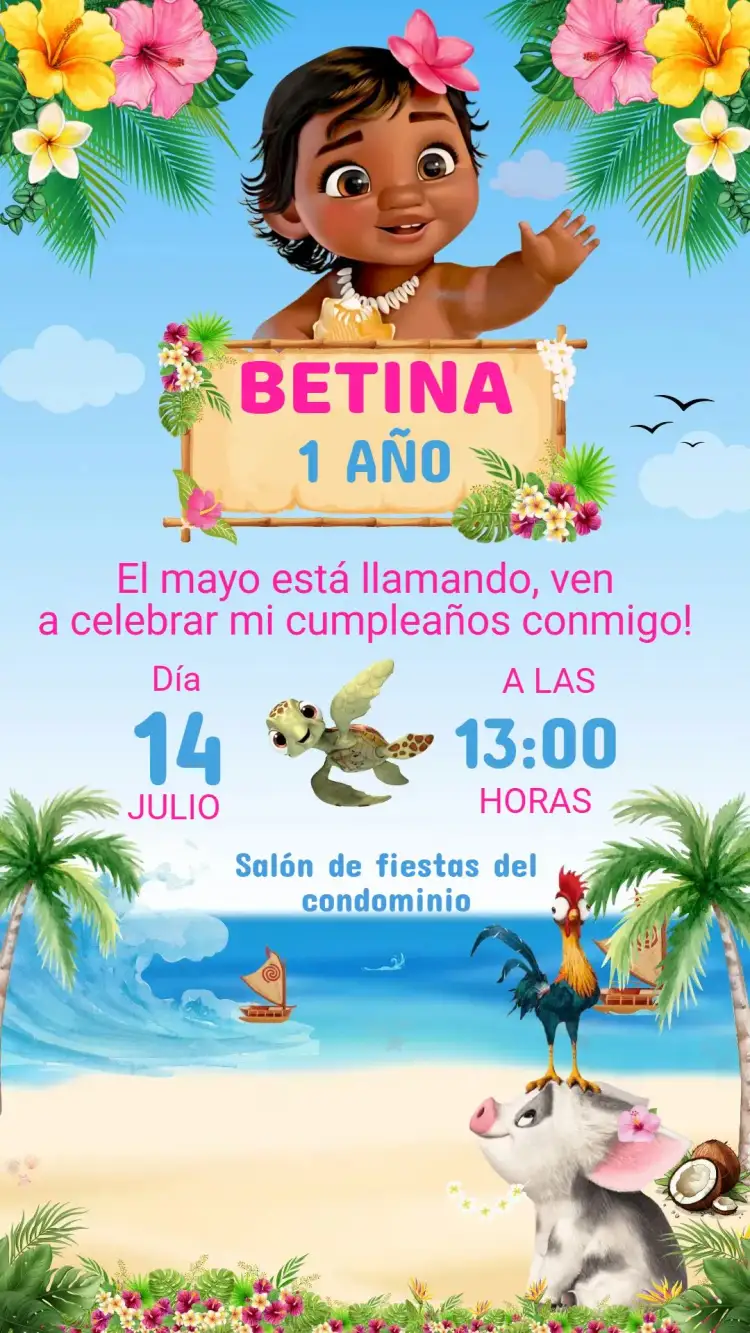 Invitación Invitación Cumpleaños MOANA BABY – tema Cumpleaños Infantil tropical, vibrante, lúdico, marino, aventura, colorido