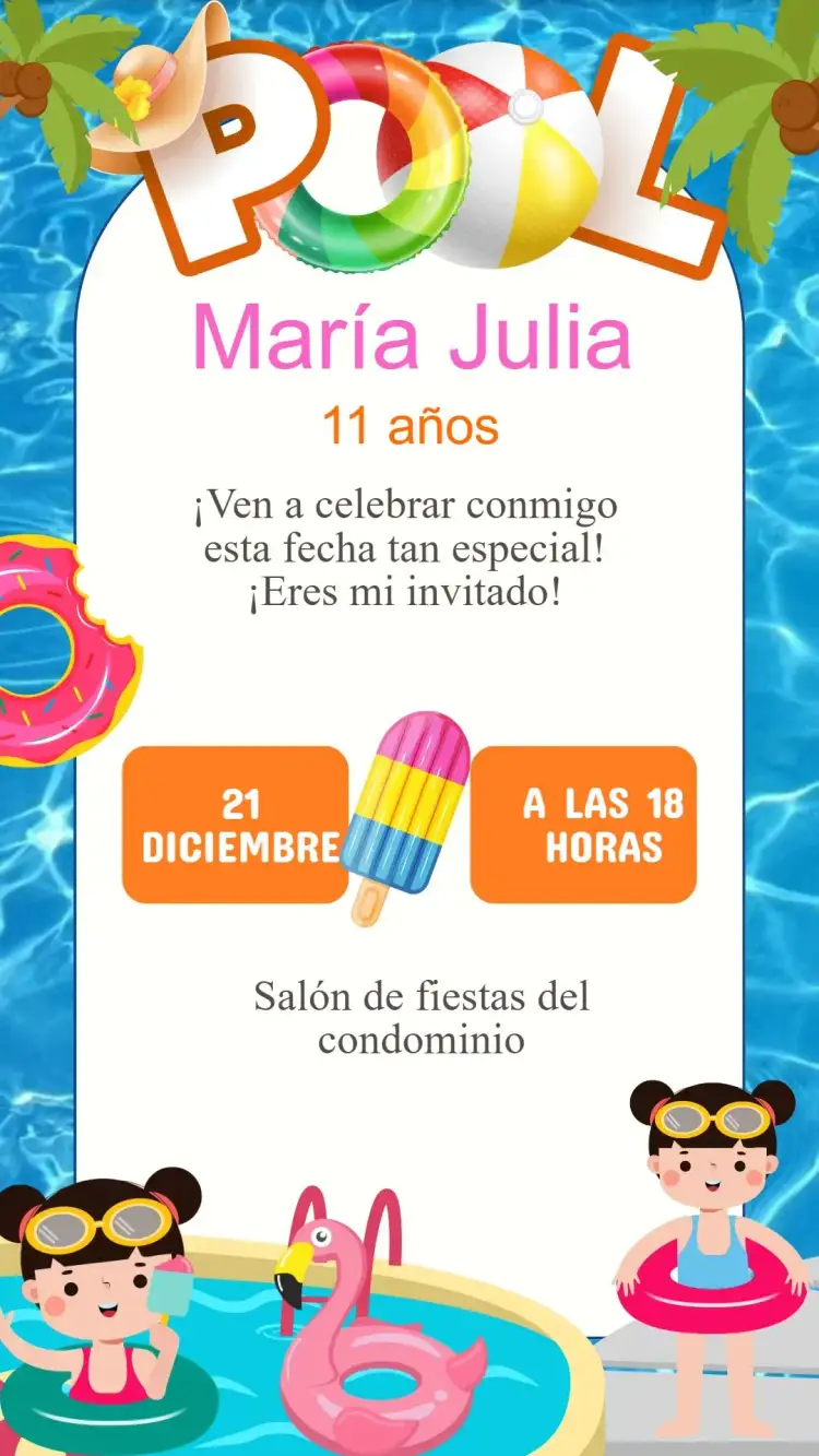 Invitación Invitación Fiesta de Cumpleaños Pool Party – tema Cumpleaños Infantil colorido, divertido, tropical, aqua, praiano