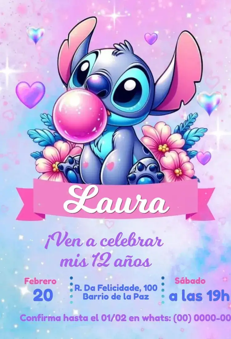 Invitación Stitch Chiclete – tema Más buscados divertido, colorido, infantil, moderno, lúdico