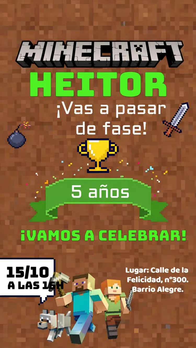 Invitación Minecraft Verde – tema Más buscados verde, pixelado, juego, divertido, temático, infantil