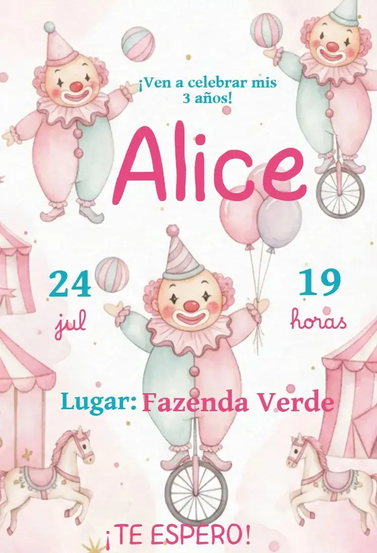 Invitación Invitación Circo Rosa – tema Cumpleaños Infantil rosa, divertido, colorido, circense, brincalhón