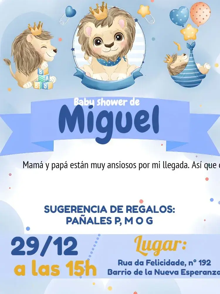 Invitación Baby Shower León Azul – tema Baby Shower safari, animales, azul y naranja, divertido, infantil