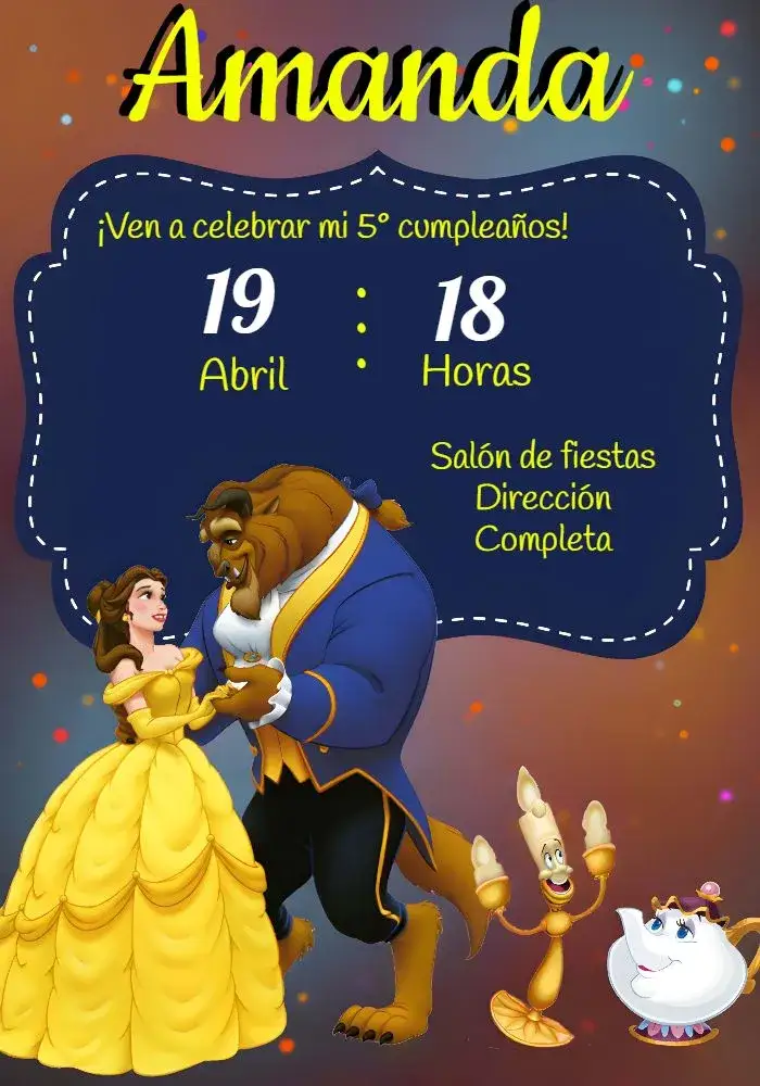 Invitación La Bella y la Bestia Azul – tema Bautismo azul, amarillo, infantil, lúdico, cuentos de hadas