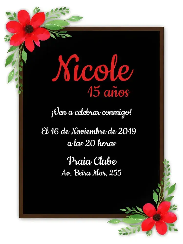 Invitación Floral 15 Años - Negro, Blanco y Rojo a Cuadros