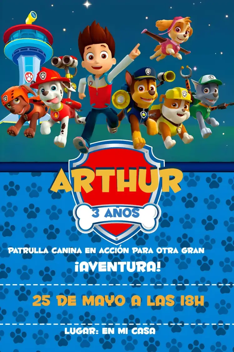 Invitación Patrulla Canina – tema Cumpleaños Infantil colores vibrantes, estilo divertido, elementos gráficos de animales, inspirado en la serie, temática de aventura, diseño colorido