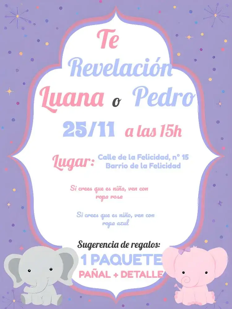 Invitación Baby Shower Elefante Blanco – tema Revelación Bebé elefante, rosa y azul, delicado, moderno, infantil, blanco