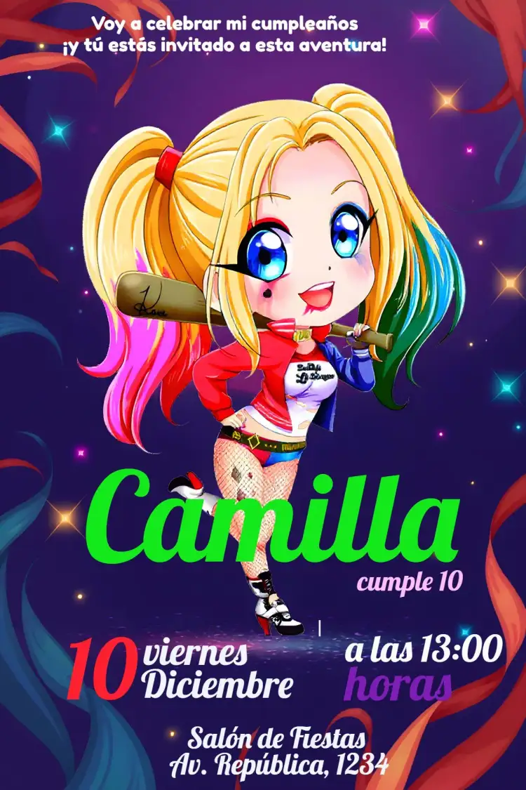Invitación Arlequina Rosa – tema Cumpleaños Infantil colorido, divertido, moderno, lúdico, temático