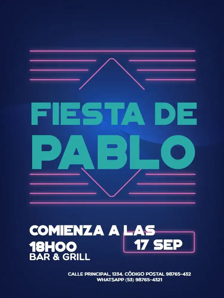 Invitación Encuentro Neon Azul – tema Cumpleaños Infantil neón, moderno, joven, colorido, festivo, vibrante