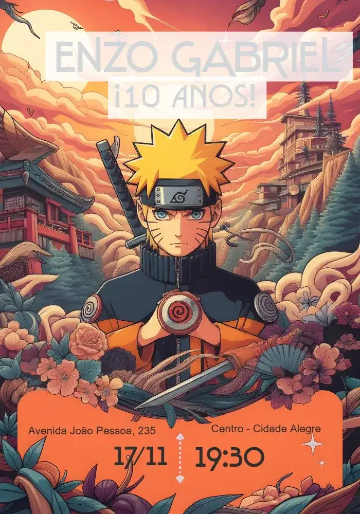 Invitación Fiesta Naruto – tema Cumpleaños Infantil amarillo, anime, temático, divertido, moderno, colorido