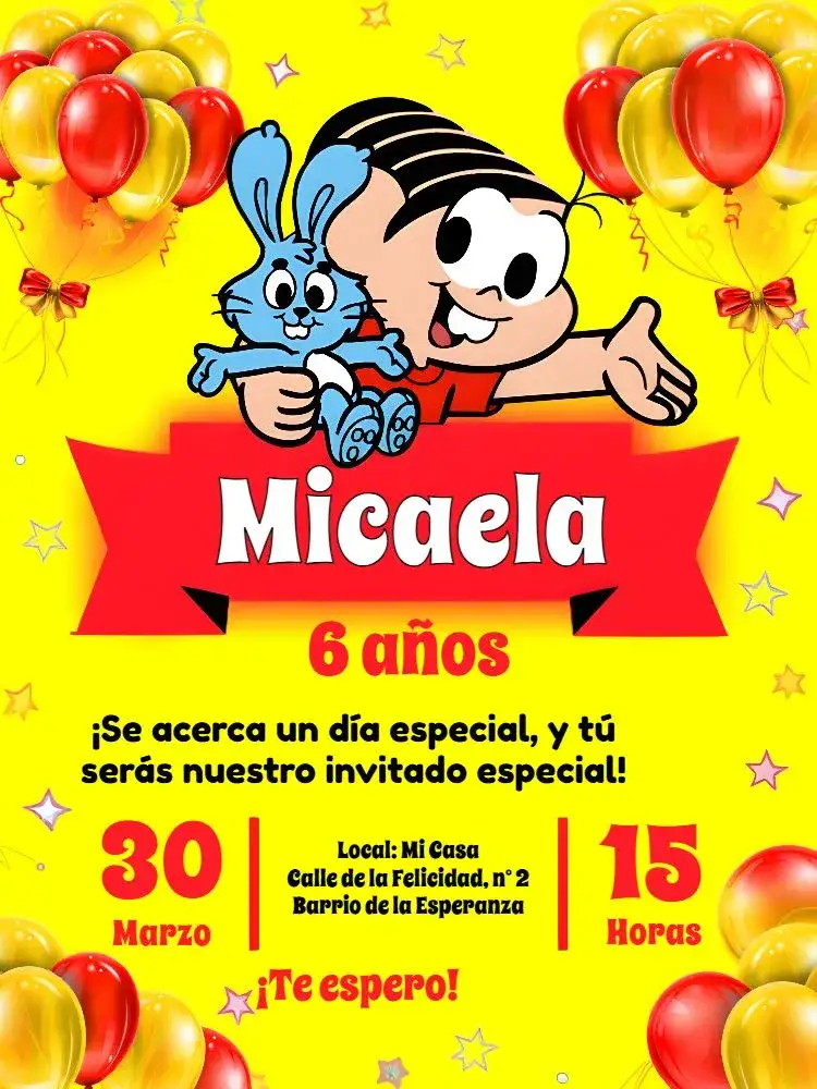 Invitación Turma Da Mónica Rojo – tema Cumpleaños Infantil rojo vibrante, animales divertidos, ilustraciones infantiles, estilo de dibujos animados, diseño alegre, fiesta colorida