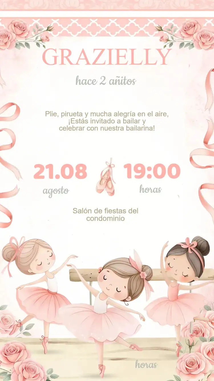 Invitación Invitación Cumpleaños Bailarina – tema Cumpleaños Infantil colores suaves, floral, estilo moderno, elementos gráficos de ballet, toque romántico, diseño delicado