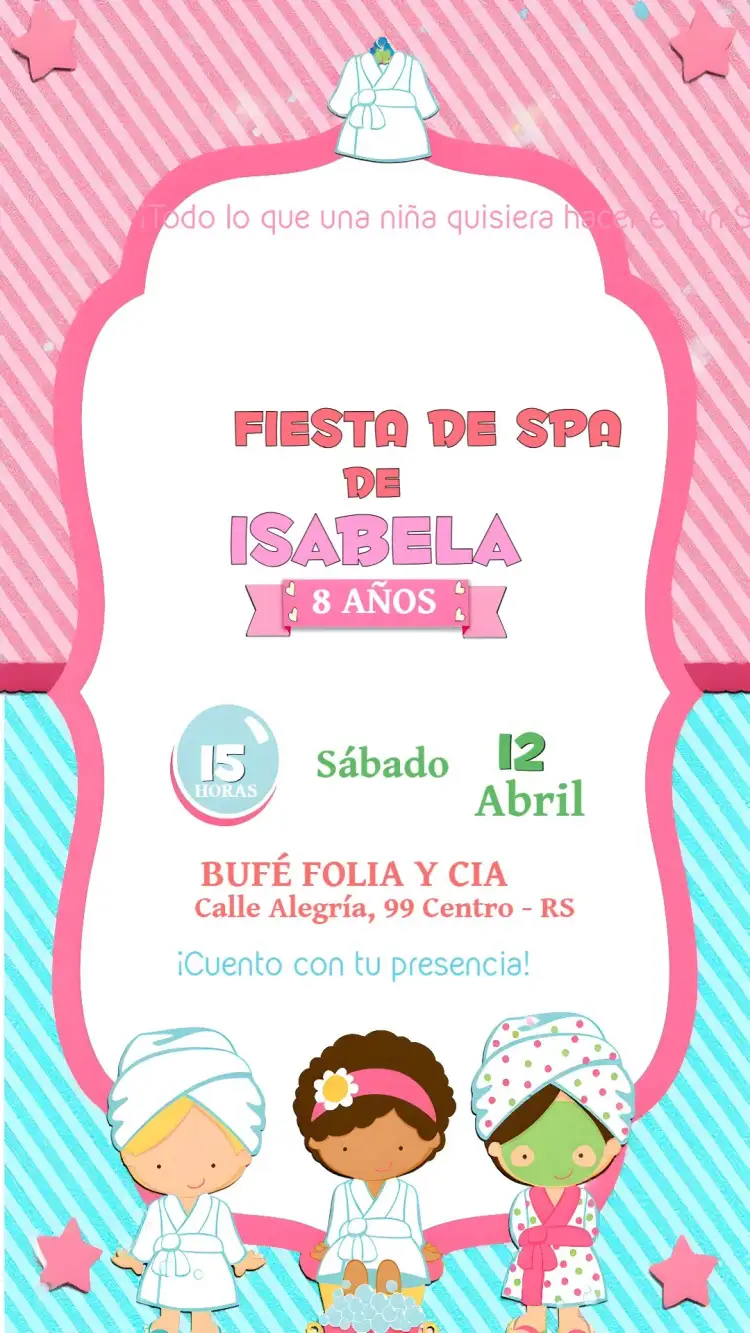 Invitación Spa Niña Pijama – tema Más buscados rosa suave, estilo lúdico, elementos de spa, toque divertido, design moderno