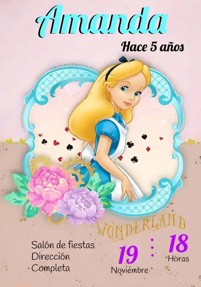 Invitación Alicia En El País De Las Maravillas Flores – tema Fechas Conmemorativas floral, lúdico, colorido, vibrante, fantasia