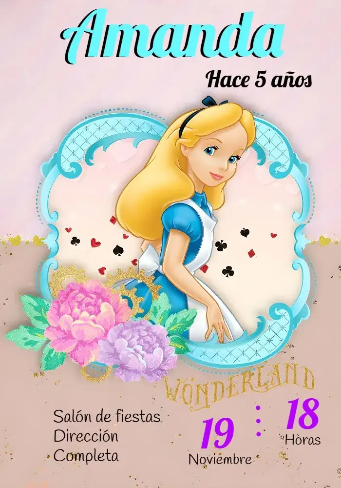 Invitación Alicia En El País De Las Maravillas Flores editable y personalizable