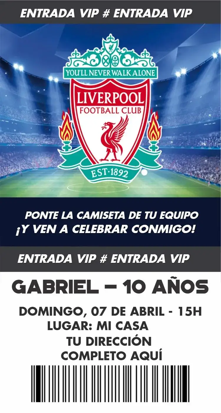 Invitación Entrada de Liverpool – tema Cumpleaños fútbol, moderno, vibrante, deportivo, colorido, dinámico