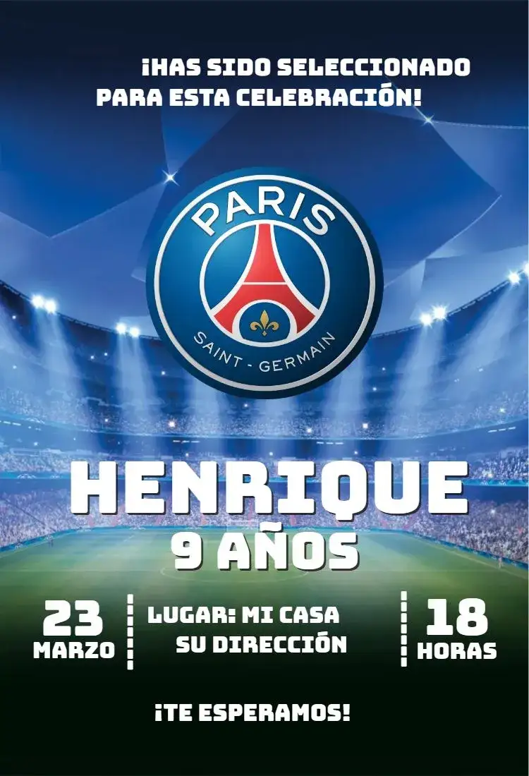 Invitación Paris Saint Germain 1 – tema Cumpleaños moderno, deportivo, vibrante, fútbol, azul y rojo