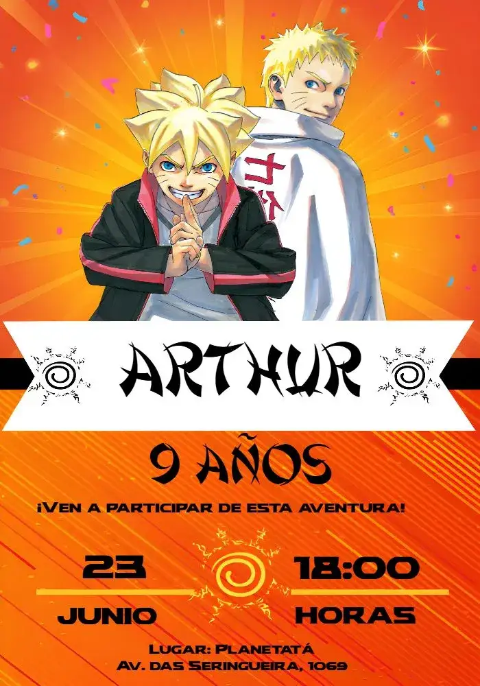 Invitación Naruto Naranja – tema Cumpleaños Infantil anime, vibrante, colorido, joven, divertido
