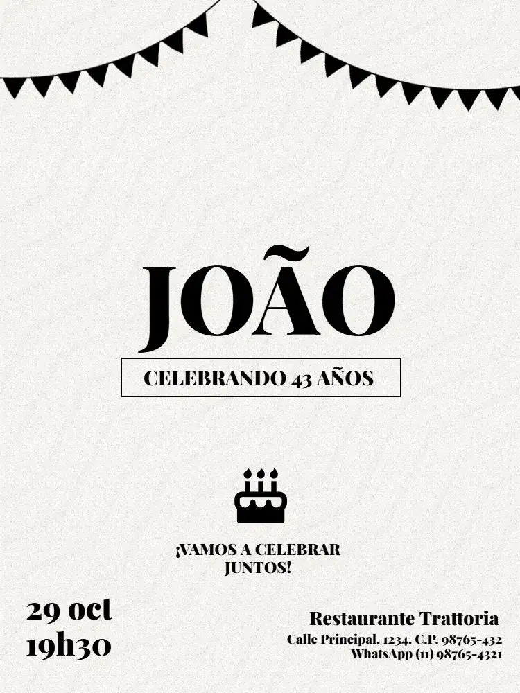 Invitación Hombre Adulto Bandera – tema Cumpleaños Infantil moderno, minimalista, limpio, elegante, blanco y negro, sobrio
