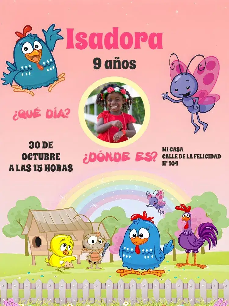 Invitación Gallina Pintadita Con Foto Rosa – tema Más buscados colorido, infantil, lúdico, rosa, divertido, temático
