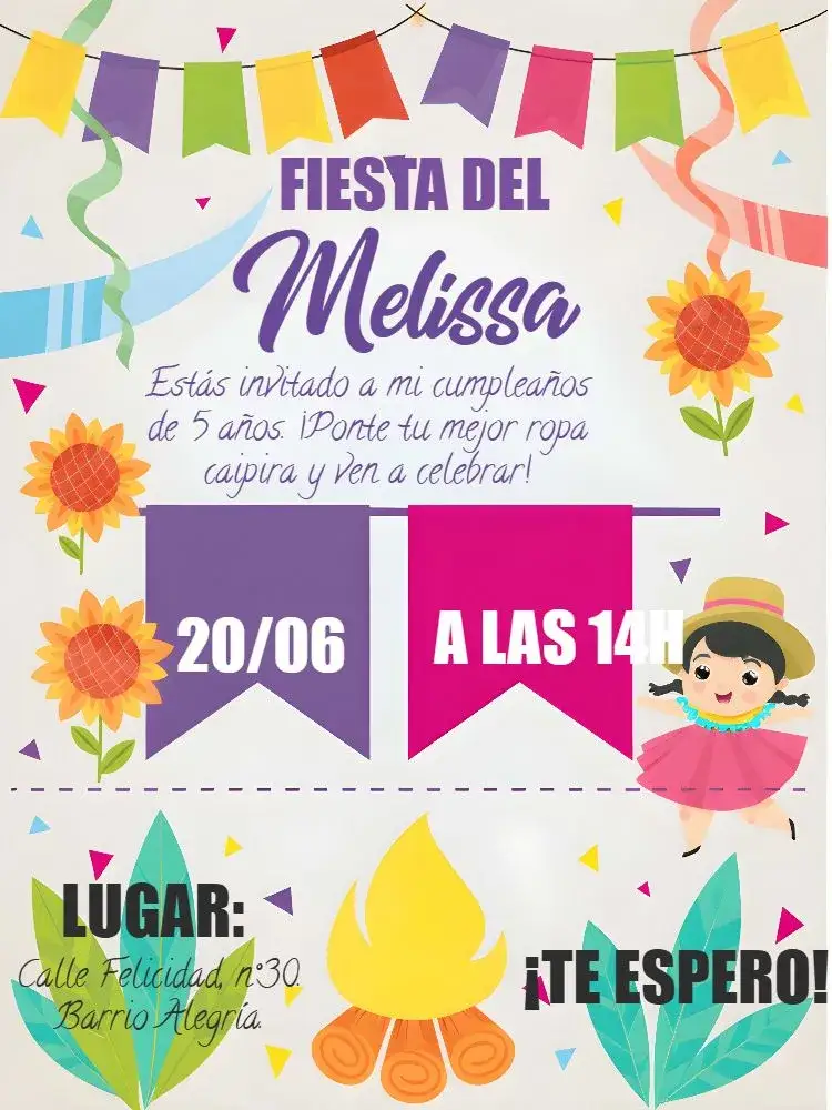 Invitación Fiesta Junina Arraiá Menina São – tema Fechas Conmemorativas colorido, floral, vintage, festivo, temático, animado