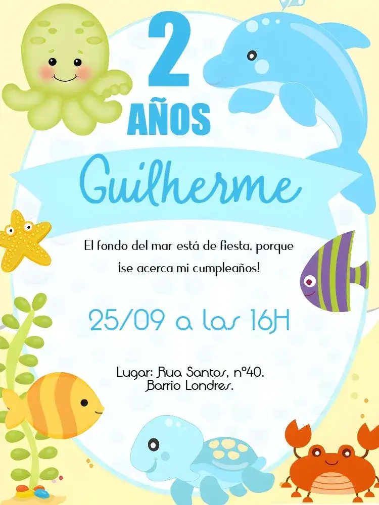Invitación Fondo Del Mar Azul – tema Cumpleaños Infantil oceánico, colorido, divertido, infantil, marino, tropical