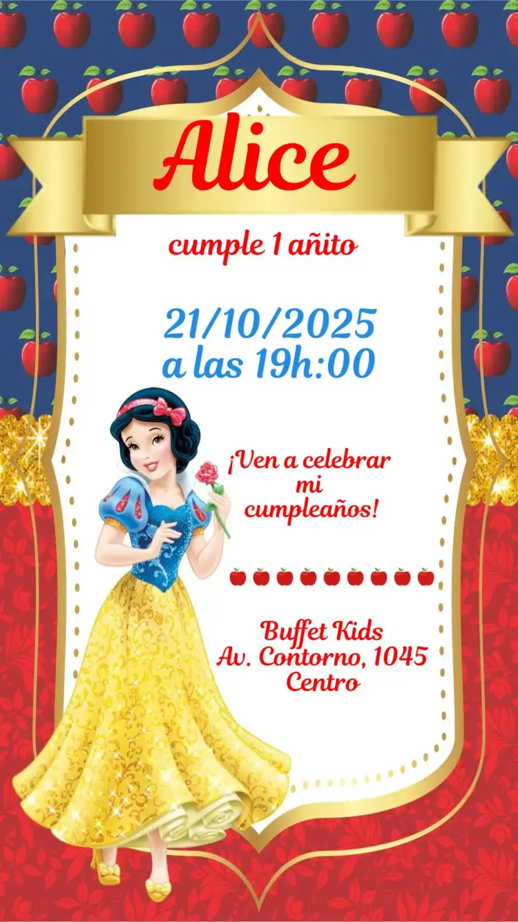 Invitación Blanca Nieves – tema Cumpleaños Infantil colores vibrantes, estilo lúdico, elementos gráficos de cuentos de hadas, diseño encantador, inspiración en princesas