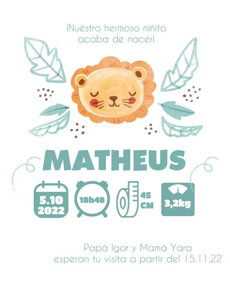 Invitación Tarjeta De Celebración Nacimiento Bebé Leóncito Lúdico – tema Tarjeta lúdico, delicado, animal, infantil, colorido