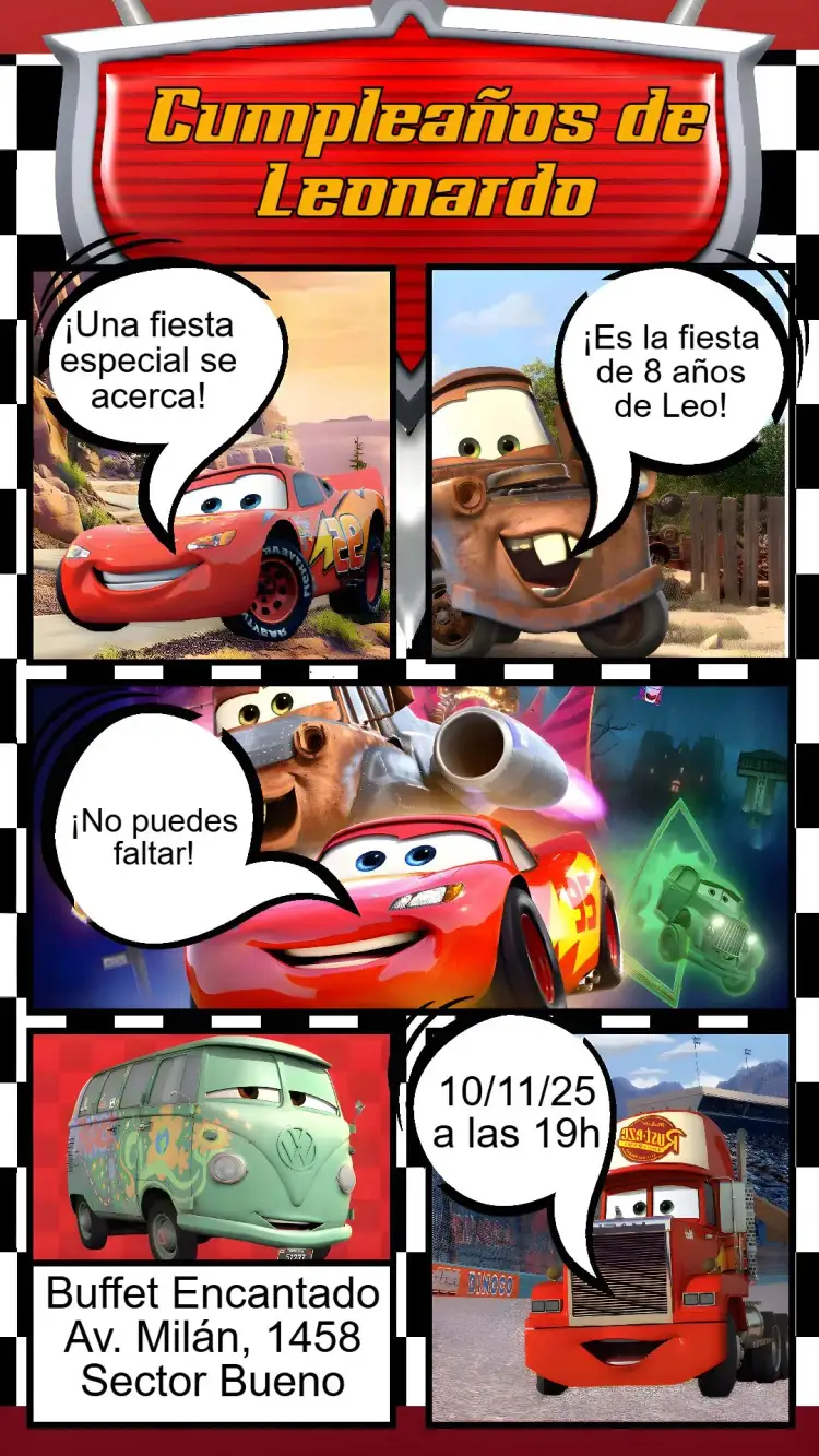 Invitación Autos Disney – tema Cumpleaños Infantil colorido, divertido, temático, infantil, animado