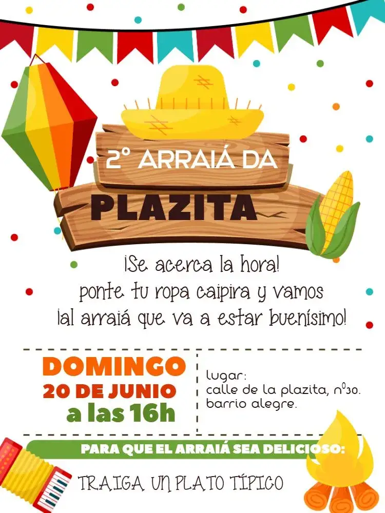 Invitación Fiesta Junina Amor – tema Fechas Conmemorativas colorido, vintage, rústico, festivo, folclórico, tradicional