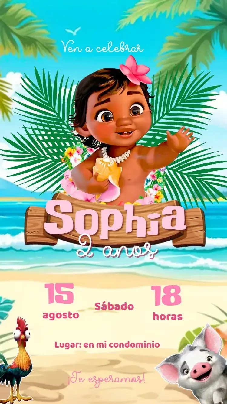 Invitación Moana baby – tema Cumpleaños Infantil colores suaves, elementos del océano, personajes de Disney, estilo lúdico, paisajes de playa, toques de rosa