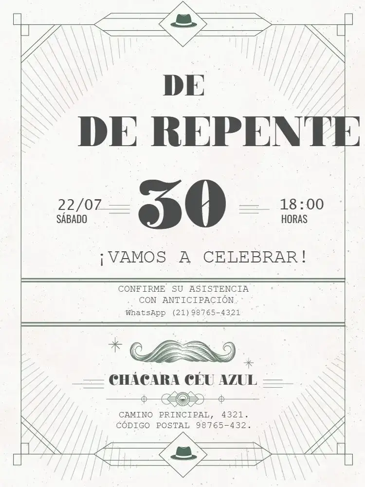 Invitación Repente 30 Elegante Fiesta – tema Cumpleaños Infantil elegante, clásico, vintage, blanco y negro, moderno