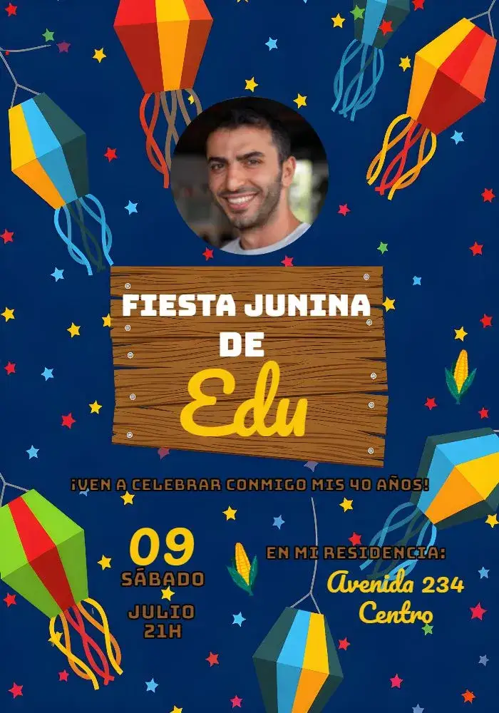 Invitación Arraial Festa Junina Con Foto Caipira – tema Fechas Conmemorativas colorido, caipira, festivo, rústico, vintage