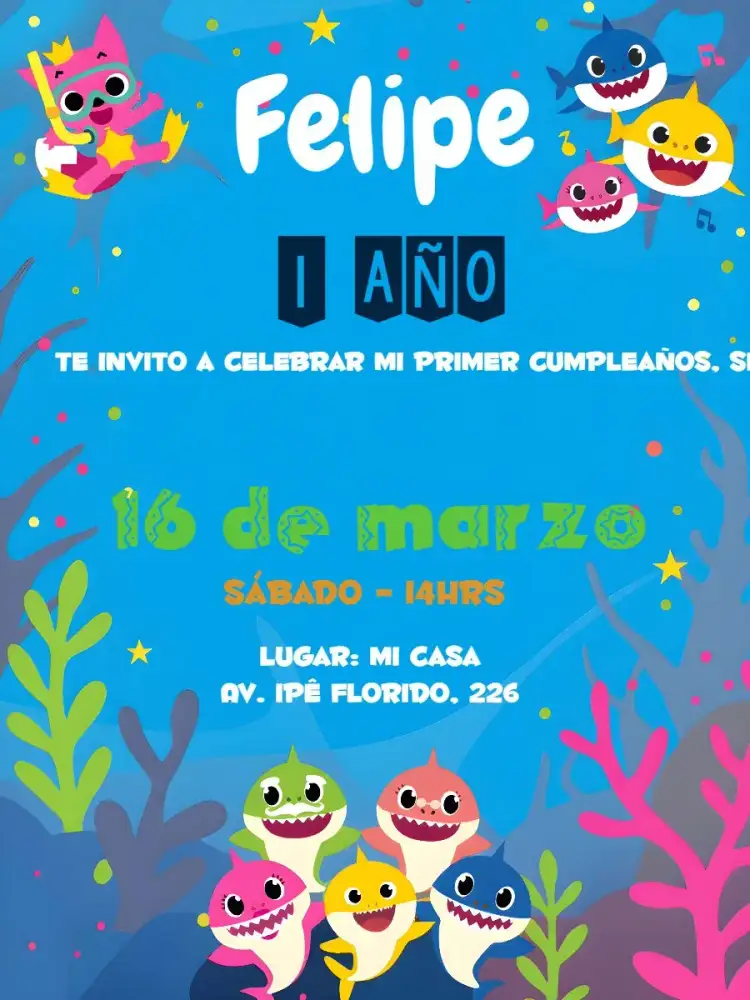 Invitación Fondo Baby Shark – tema Fechas Conmemorativas colorido, fondo marino, infantil, divertido, temático, marinero