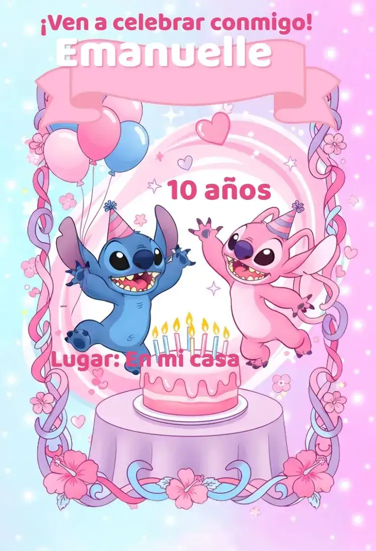 Invitación Invitación digital de Stitch y Angel – tema Cumpleaños colorido, kawaii, moderno, divertido, infantil