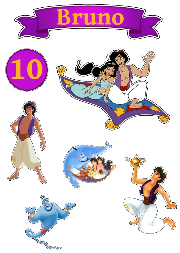 Invitación Topo De Bolo Alladin Aladin – tema Topper de torta colores vibrantes, visual encantador, elementos gráficos de Aladdín, estilo lúdico, mágico, fantasía