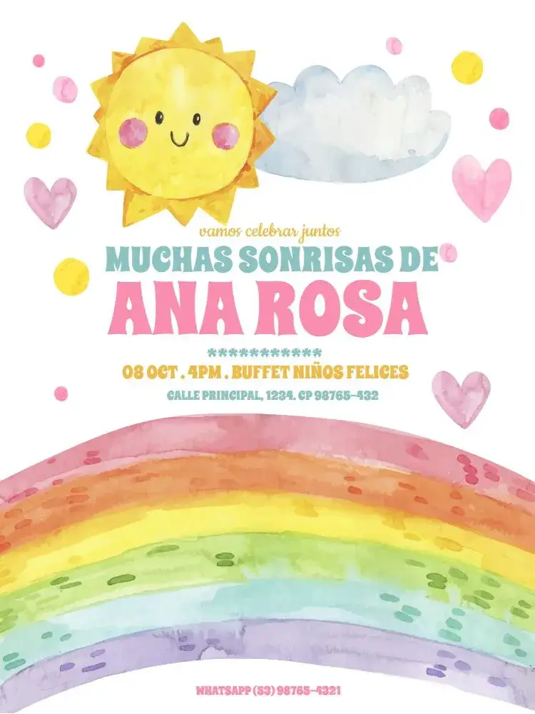 Invitación Bebé Sonrisas Feliz 1 Año – tema Baby Shower colorido, lúdico, acuarela, arcoíris, infantil, feliz