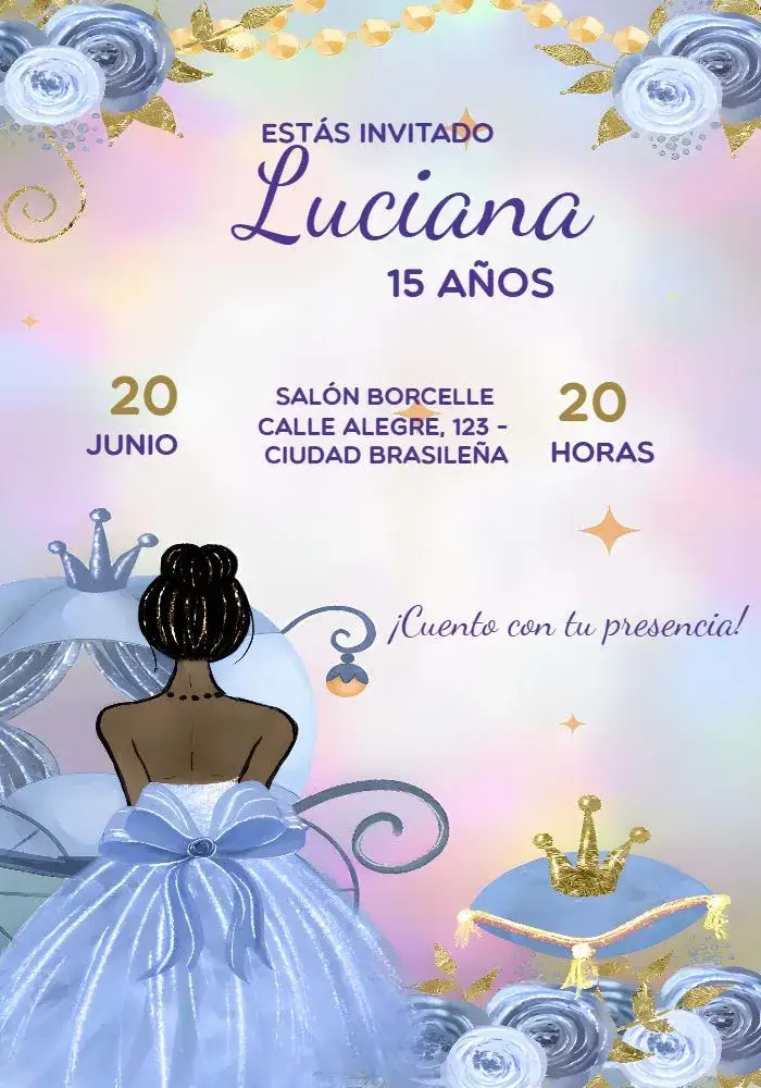 Invitación 15 Años Princesa Negra Glitter – tema 15 años brillo, elegante, moderno, cultural, sofisticado