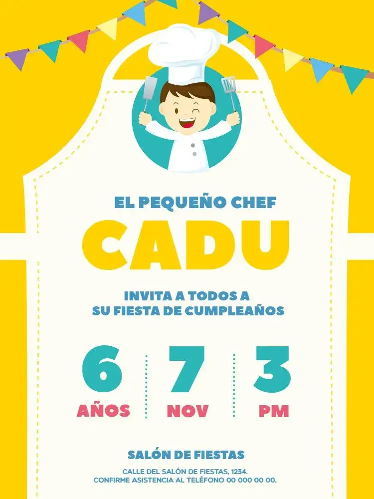 Invitación Chef de Cocina Celebración – tema Cumpleaños Infantil amarillo, banderitas, culinaria, divertido, infantil, colorido